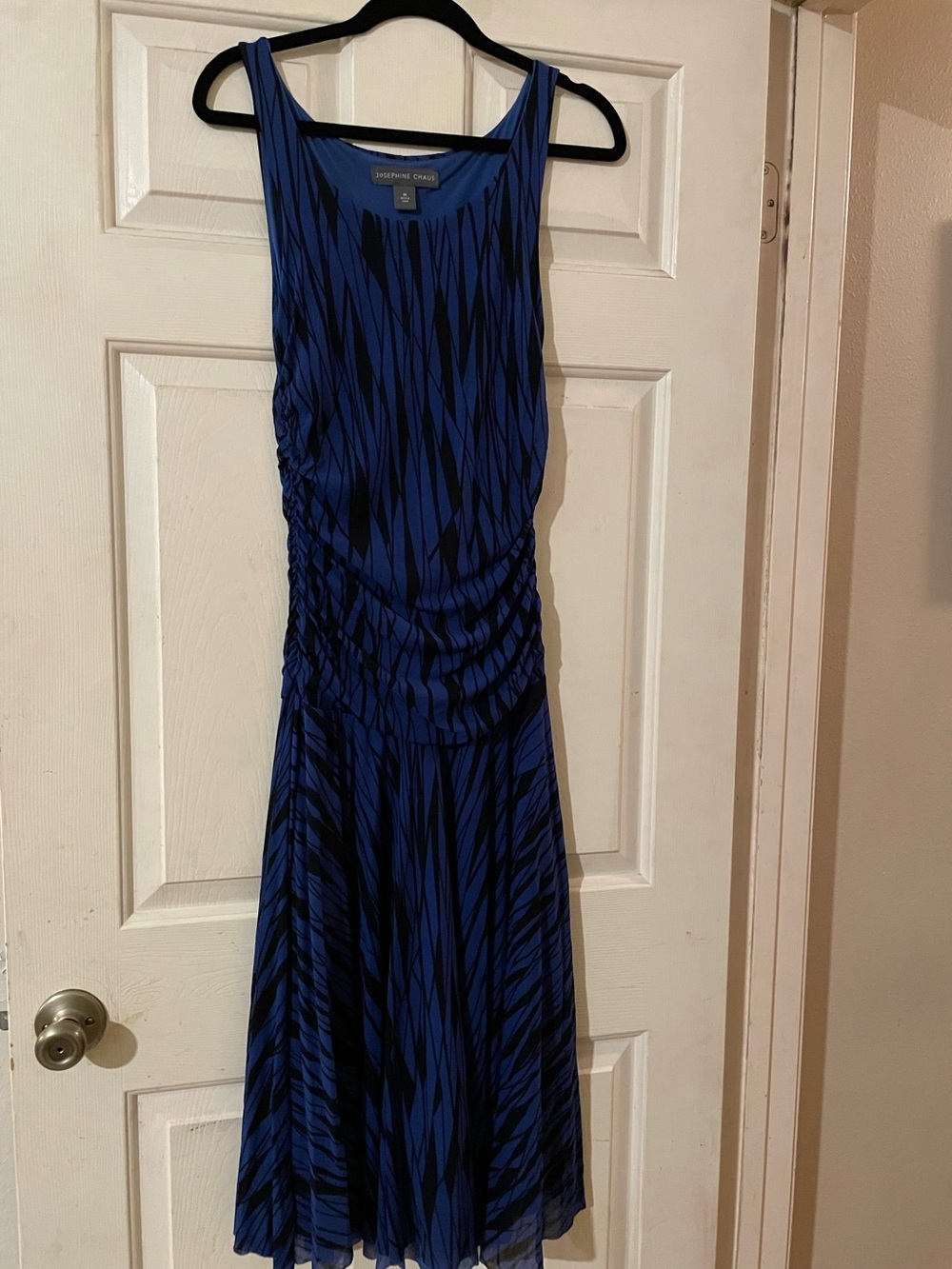 Vintage Josephine Chaus Ruched Mesh Blue Black Geometric Cocktail Dress Medium